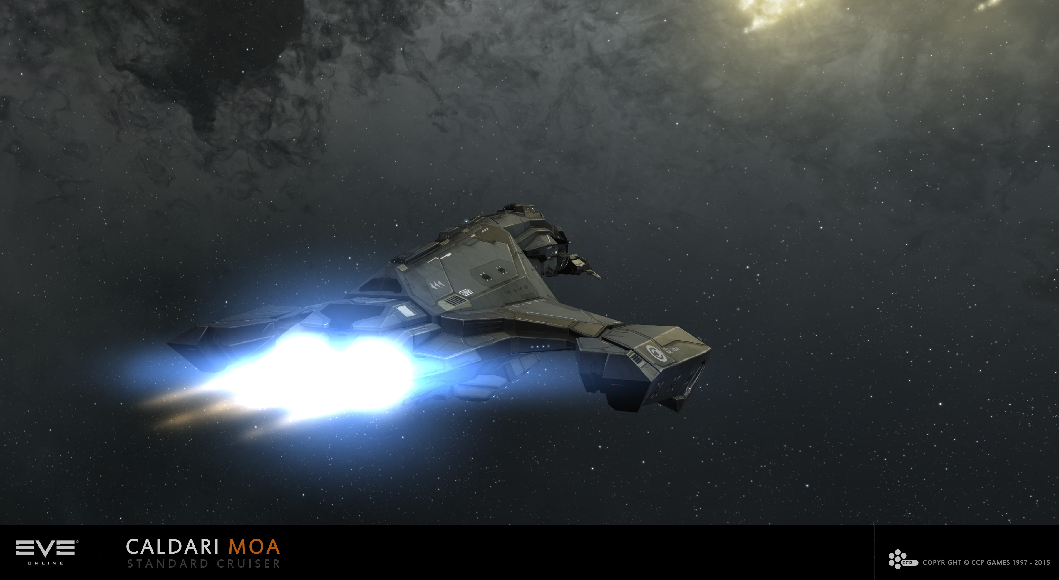 eve online, absurdres, commentary, english commentary, highres, maya (medium), official art, photoshop (medium), 3d, caldari state (eve online), cloud, combat ship (eve online), company logo, company name, copyright logo, copyright name, cruiser (eve online), dated, fire, flying, glowing, grey background, grey theme, ishukone corporation (eve online), logo, military vehicle, no humans, radio antenna, realistic, science fiction, shadow, space, spacecraft, star (sky), starry sky background, thrusters, vehicle focus, vehicle name, ymir jonsson