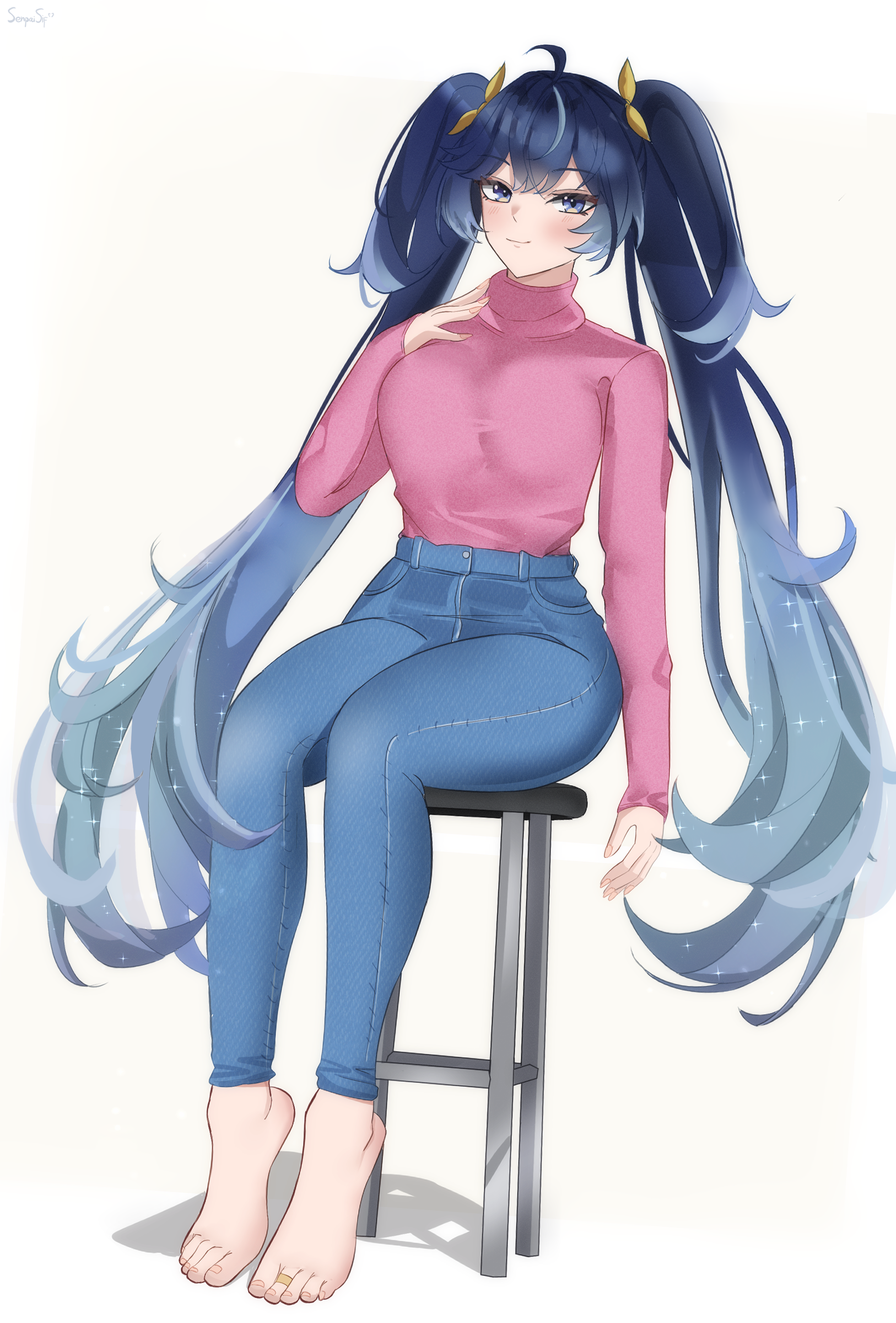 senpaisif, iuno (wuthering waves), wuthering waves, highres, 1girl, alternate costume, barefoot, blue eyes, blue hair, blue pants, blush, closed mouth, long hair, looking at viewer, pants, pink shirt, shirt, smile, solo, turtleneck, turtleneck shirt, twintails, very long hair, white background