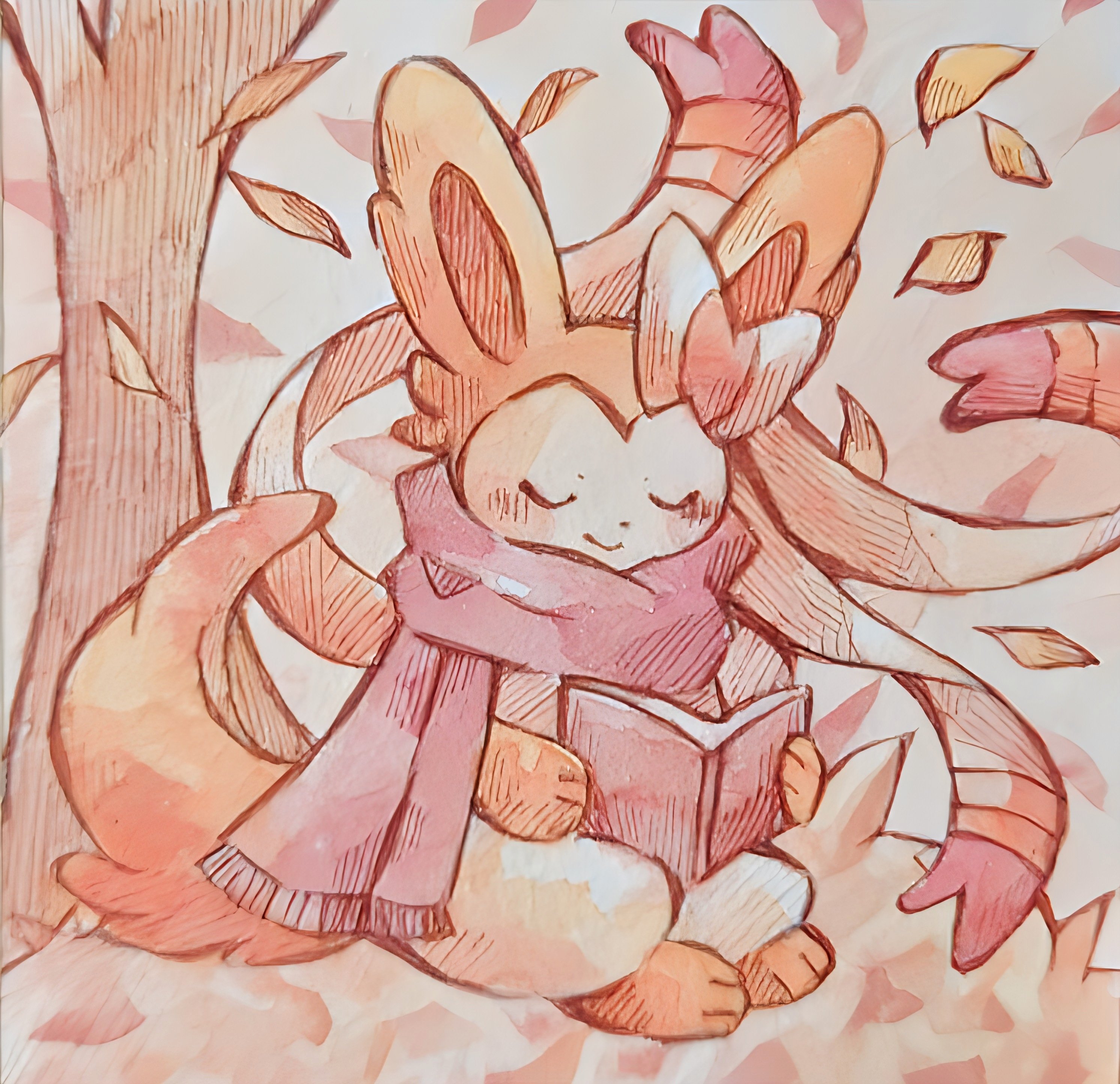 rai (rai kw), sylveon, nintendo, pokemon, absurdres, highres, animal focus, autumn leaves, blush, book, bow, closed eyes, closed mouth, full body, gen 6 pokemon, holding, holding book, leaf, no humans, pink fur, pink scarf, pokemon (creature), pokemon focus, ribbon, scarf, smile, solo, tail, tree, two-tone fur, white fur