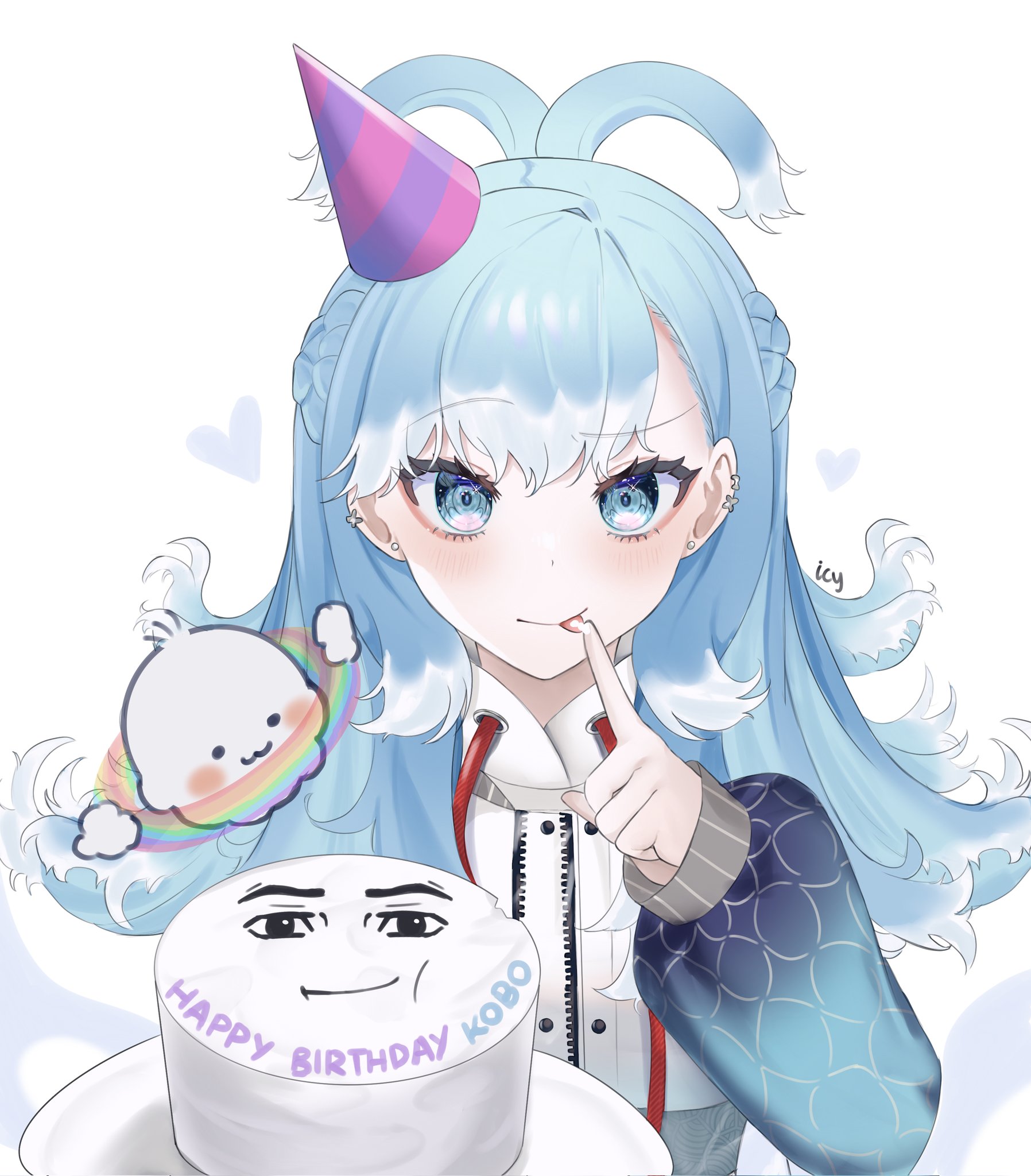 icy artzy, cilus (kobo kanaeru), kobo kanaeru, hololive, hololive indonesia, roblox, commentary, english commentary, highres, 1girl, blue eyes, blue hair, blue jacket, blush, cake, closed mouth, colored tips, ear piercing, earrings, food, hand up, happy birthday, hat, heart, index finger raised, jacket, jewelry, licking, licking finger, long hair, long sleeves, looking at viewer, meme, multicolored hair, parted bangs, party hat, piercing, pink hat, roblox man face (meme), simple background, smile, solo, straight-on, stud earrings, tongue, tongue out, upper body, virtual youtuber, wavy hair, white background