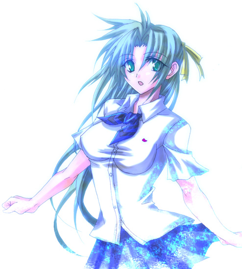 isya, sonozaki shion, higurashi no naku koro ni, 00s, 1girl, female focus, green eyes, green hair, half updo, long hair, matching hair/eyes, ribbon, school uniform, serafuku, solo