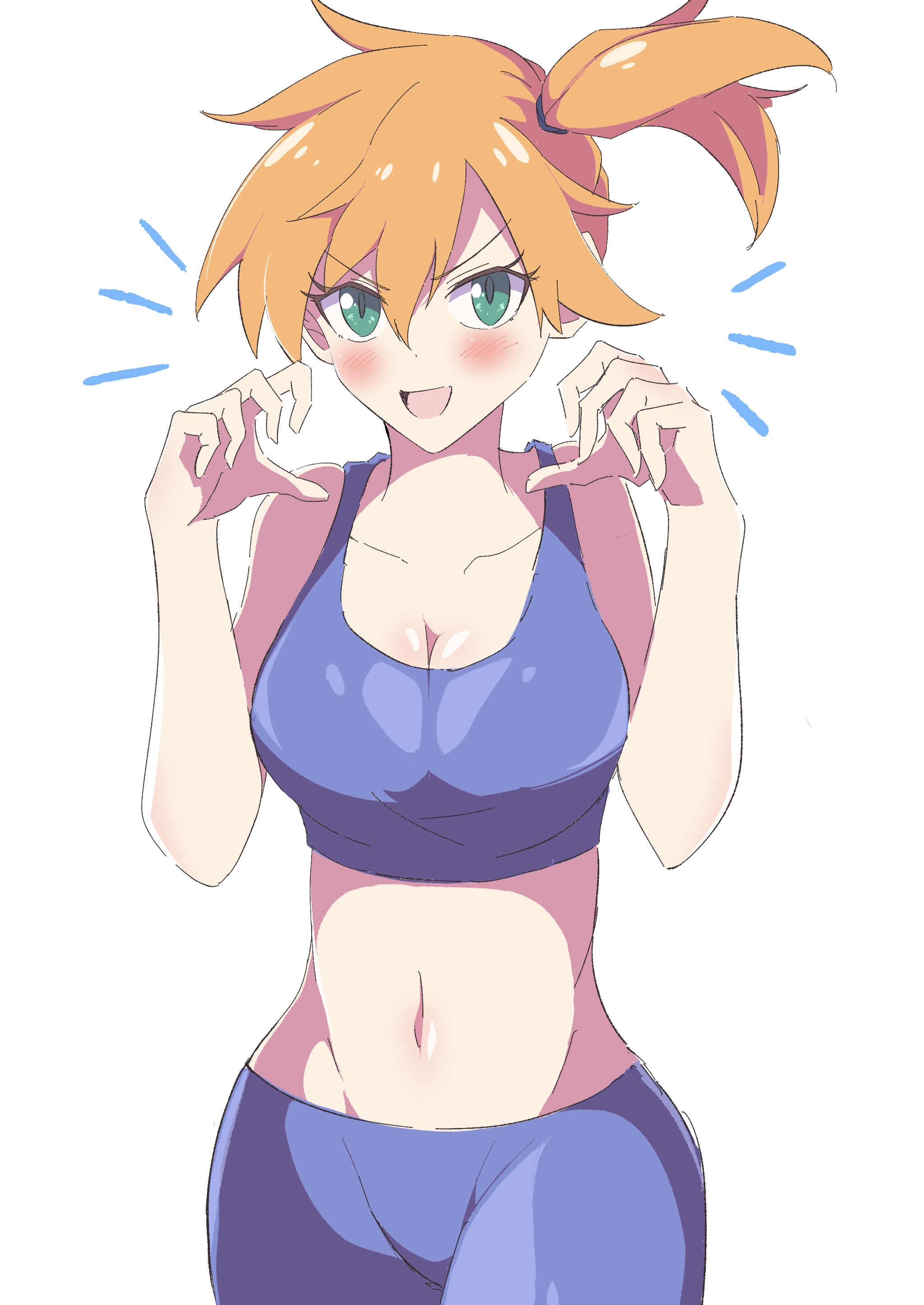 yuki nagisaa, misty (pokemon), nintendo, pokemon, pokemon frlg, highres, 1girl, :d, bare arms, bare shoulders, bikini, blue bikini, blue sports bra, blush, breasts, claw pose, cleavage, collarbone, eyelashes, green eyes, hair between eyes, hair tie, hands up, looking at viewer, medium breasts, open mouth, orange hair, ponytail, short hair, side ponytail, smile, solo, sports bra, swimsuit, upper body, v-shaped eyebrows
