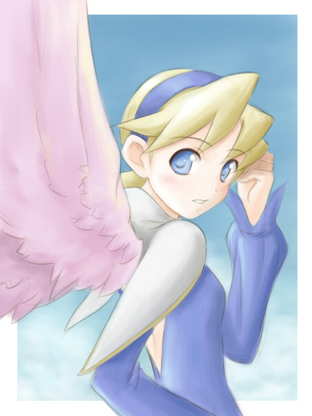 satogo, nina (breath of fire iv), breath of fire, breath of fire iv, bad id, bad pixiv id, 1girl, angel wings, blonde hair, blue eyes, female focus, short hair, solo, white wings, wings