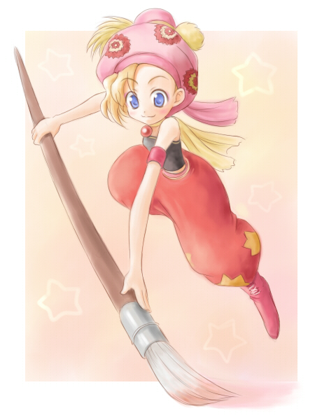 satogo, relm arrowny, final fantasy, final fantasy vi, bad id, bad pixiv id, 1990s (style), 1girl, art brush, blonde hair, blue eyes, child, earrings, female focus, full body, giant brush, hat, jewelry, paintbrush, solo