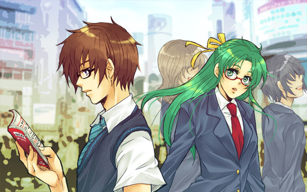 maebara keiichi, sonozaki shion, higurashi no naku koro ni, 00s, 1boy, 1girl, blue eyes, book, brown hair, glasses, green eyes, green hair, half updo, long hair, necktie, school uniform, serafuku, short hair