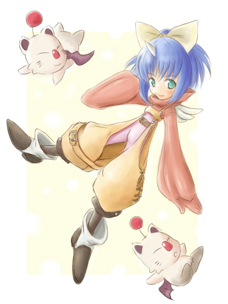 satogo, eiko carol, moogle, final fantasy, final fantasy ix, bad id, bad pixiv id, 00s, 1girl, blue hair, bow, child, female focus, green eyes, horns, ribbon, short hair, single horn, solo, yellow bow