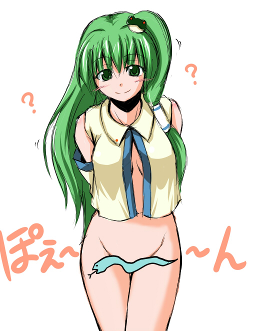 fechirin, kochiya sanae, touhou, 1girl, bottomless, censored, convenient censoring, female focus, open clothes, open shirt, shirt, solo