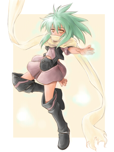 satogo, emerada (xenogears), xenogears, bad id, bad pixiv id, green hair, midriff, scarf, solo, torn clothes, yellow eyes