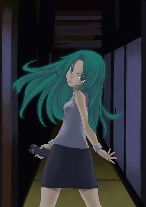 sonozaki shion, higurashi no naku koro ni, 00s, 1girl, electroshock weapon, female focus, green eyes, green hair, half updo, indoors, less-than-lethal weapon, long hair, looking at viewer, looking back, matching hair/eyes, skirt, sleeveless, solo, stun gun, taser