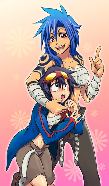 kamina (ttgl), simon (ttgl), tengen toppa gurren lagann, gender request, 00s, 2girls, bandages, black hair, blue eyes, blue hair, breasts, flat chest, genderswap, large breasts, multiple girls, red eyes