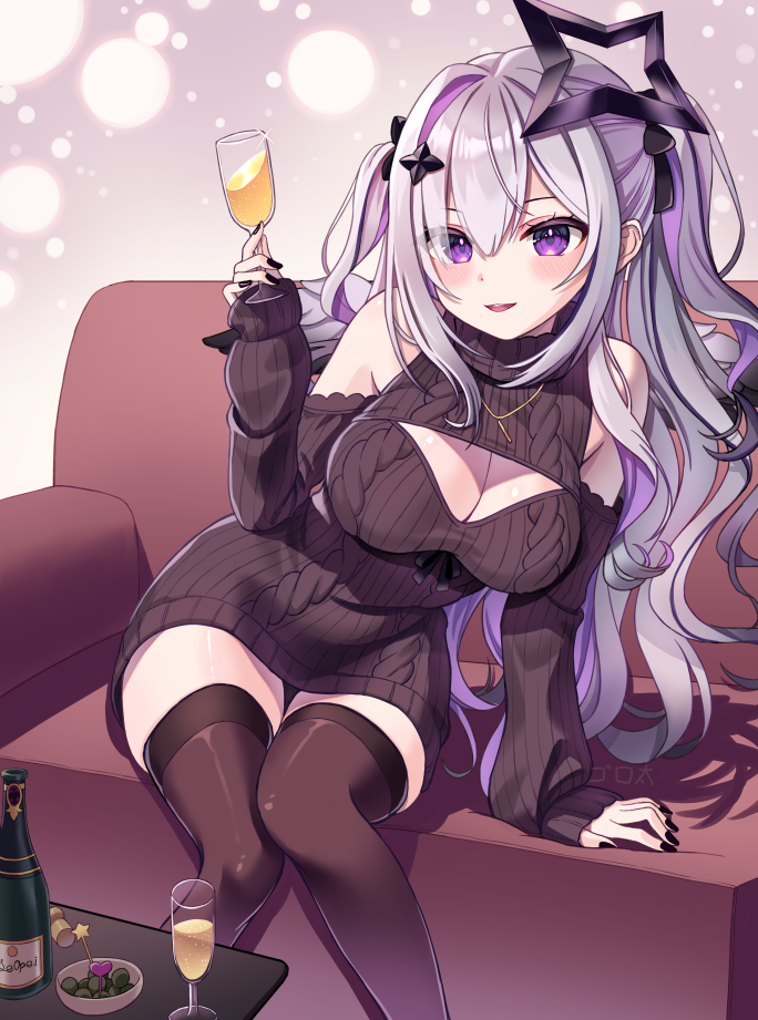 gorota, amane konata, hololive, 1girl, angel, angel wings, black hair, black nails, black ribbon, black sweater, black thighhighs, blush, breasts, cleavage, cleavage cutout, clothing cutout, couch, diamond hair ornament, grey hair, hair ribbon, halo, long hair, looking at viewer, multicolored hair, nail polish, on couch, purple eyes, ribbon, smile, solo, star halo, streaked hair, sweater, thighhighs, turtleneck, turtleneck sweater, two side up, very long hair, virgin killer sweater, virtual youtuber, wings