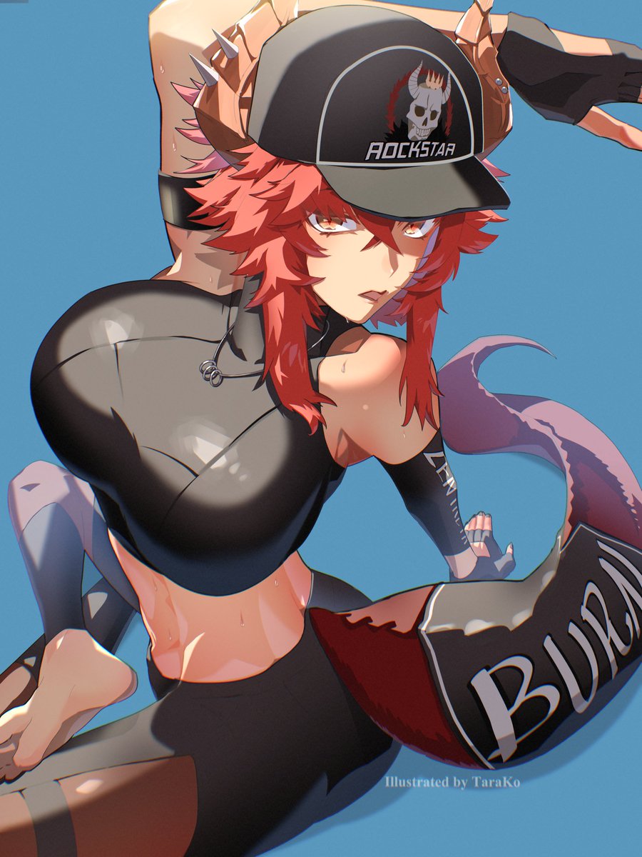 seafood tarako, zentreya, zentreya (dragon), zentreya (dragon) (workout), indie virtual youtuber, highres, 1girl, barefoot, black gloves, black hat, black shorts, black sports bra, breasts, closed mouth, dragon girl, dragon horns, dragon tail, fingerless gloves, gloves, hat, horns, large breasts, looking at viewer, red hair, short hair, short hair with long locks, shorts, sidelocks, solo, sports bra, tail, tongue, tongue out, virtual youtuber, yellow eyes