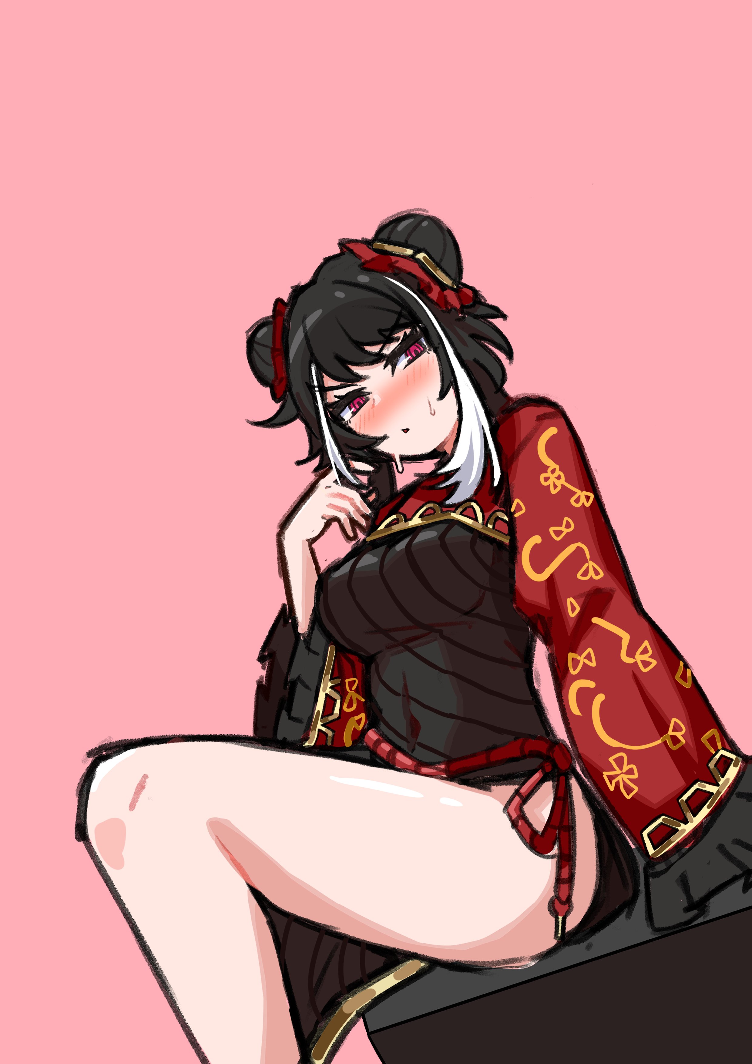 catnip scent, jia xichun (project moon), limbus company, project moon, absurdres, highres, 1girl, black dress, black hair, blush, breasts, chinese clothes, covered navel, double bun, dress, hair bun, long hair, long sleeves, looking at viewer, multicolored hair, pink background, pink eyes, red shrug, rope belt, shrug (clothing), simple background, sitting, solo, streaked hair, thighs, twintails, upper body, white streaks
