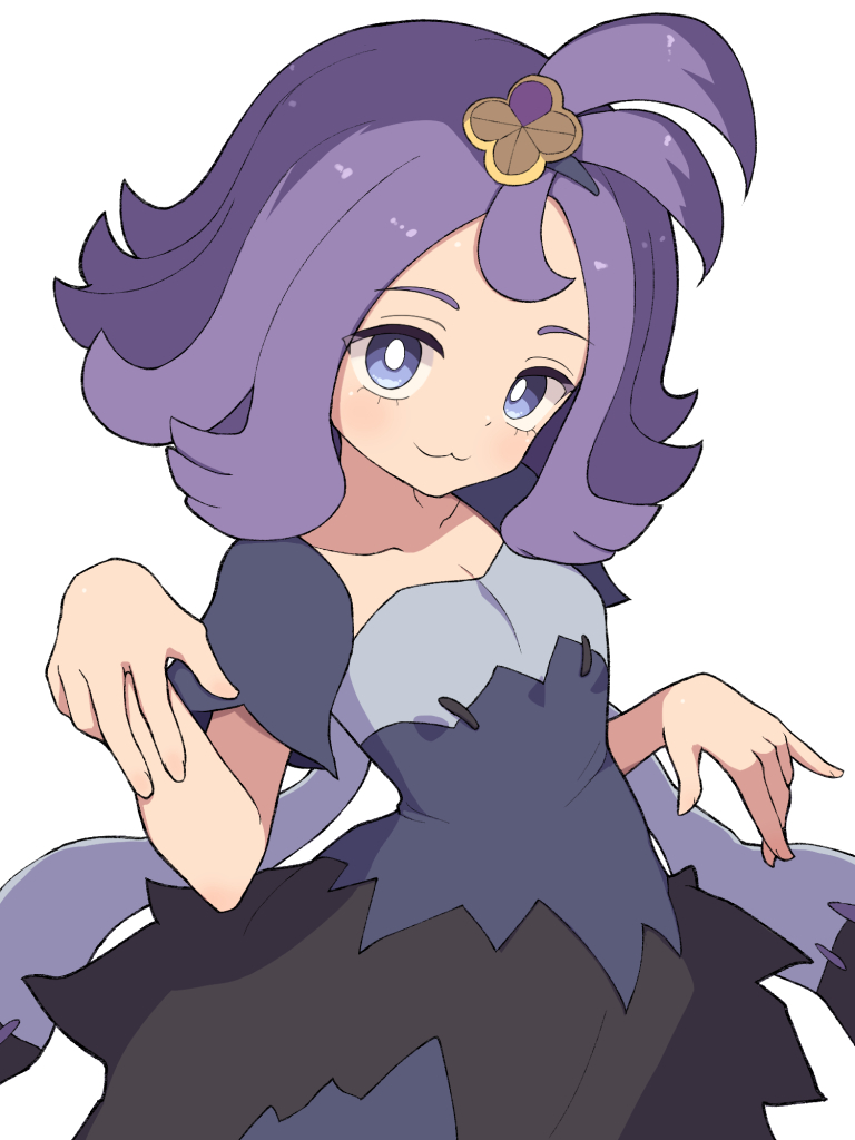 hiyoshipow, acerola (pokemon), nintendo, pokemon, pokemon sm, 1girl, :3, blue eyes, blush, closed mouth, dress, hair ornament, looking at viewer, multicolored dress, purple eyes, purple hair, short hair, short sleeves, simple background, smile, solo, stitches, topknot, torn clothes, torn dress, white background