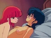 mai (pop chaser), rio (pop chaser), cream lemon, pop chaser, 1980s (style), animated, animated gif, anime screenshot, lowres, 2girls, bed, blush, breasts, choker, kiss, multiple girls, nipples, oldschool, red hair, retro artstyle, yuri