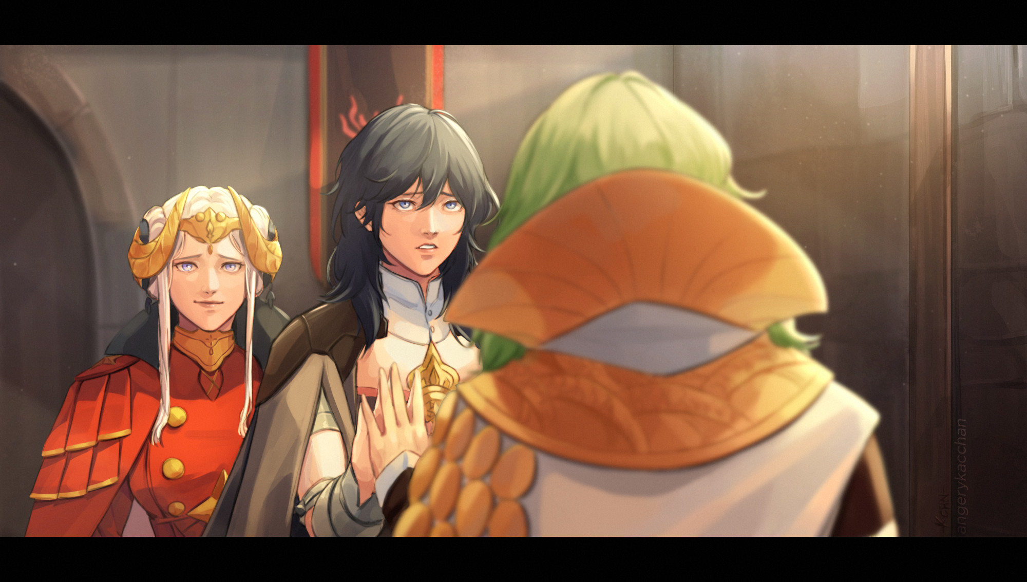 angerykacchan, edelgard von hresvelg, edelgard von hresvelg (timeskip), female byleth (enlightened) (fire emblem), female byleth (fire emblem), female byleth (the fodlan light) (fire emblem), fire emblem, fire emblem: three houses, nintendo, commentary, english commentary, highres, 3girls, blue eyes, breasts, closed mouth, different reflection, dress, dual persona, fake horns, gold horns, green hair, hair between eyes, horns, indoors, letterboxed, looking at another, looking at mirror, medium breasts, mirror, multiple girls, red dress, reflection, smile, white hair