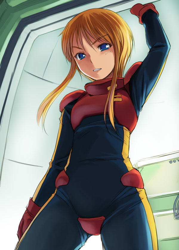 bosshi, puru two, gundam, gundam zz, 1girl, arm up, blonde hair, blue eyes, bodysuit, cowboy shot, doorway, female focus, flat chest, gloves, long hair, parted lips, shoulder pads, sidelocks, solo, spacesuit