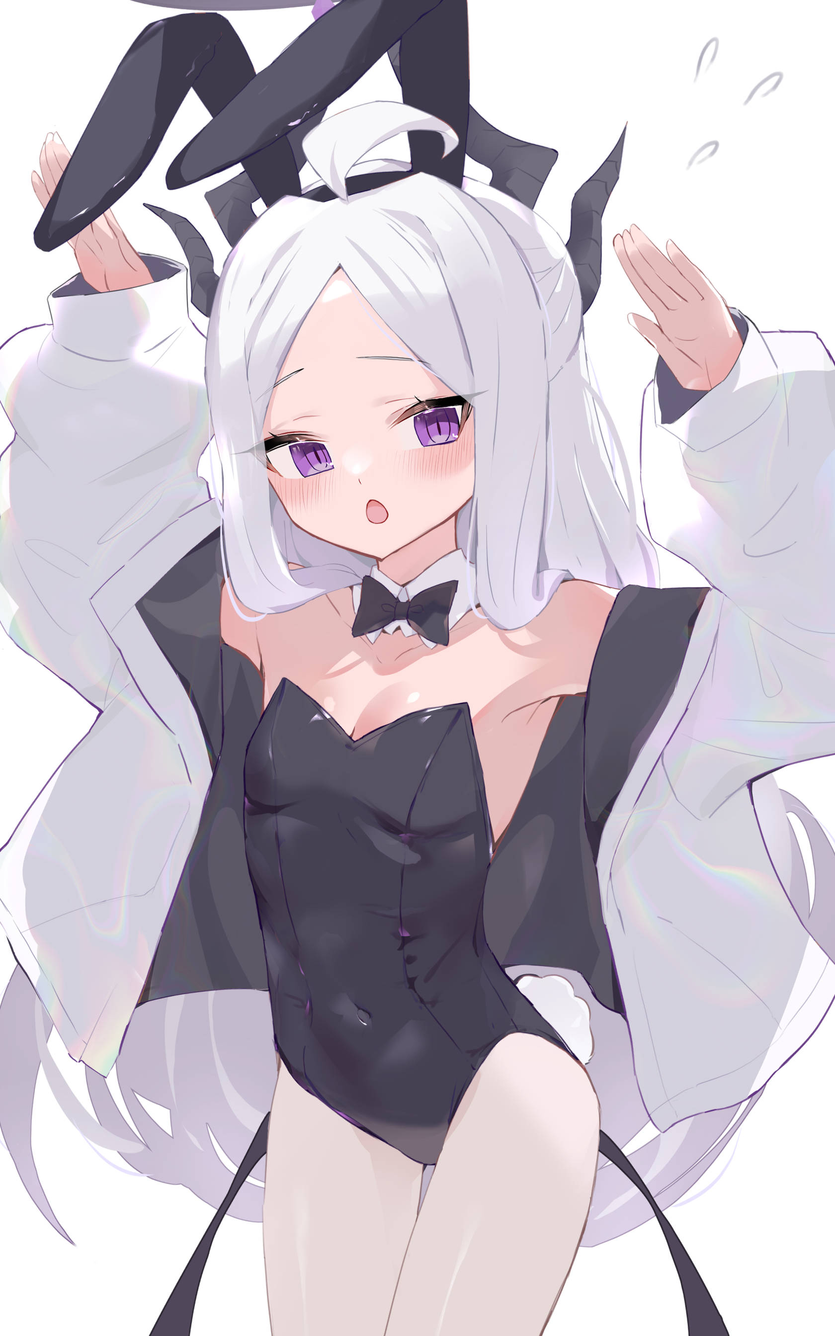 ura ra1800, hina (blue archive), blue archive, absurdres, highres, 1girl, ahoge, animal ears, black halo, breasts, demon girl, demon horns, demon wings, halo, horns, long hair, looking at viewer, low wings, playboy bunny, purple eyes, rabbit ears, simple background, small breasts, solo, standing, very long hair, white background, white hair, wings