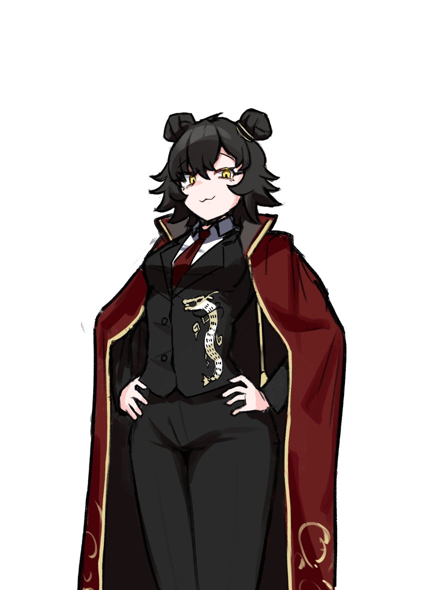 catnip scent, mei (project moon), library of ruina, project moon, :3, black hair, black jacket, black pants, coat, coat on shoulders, collared shirt, double bun, dragon print, gold trim, hair bun, hands on own hips, jacket, liu association south uniform, long hair, looking at viewer, necktie, pants, red coat, red necktie, shirt, simple background, solo, standing, upper body, white background, white shirt, yellow eyes
