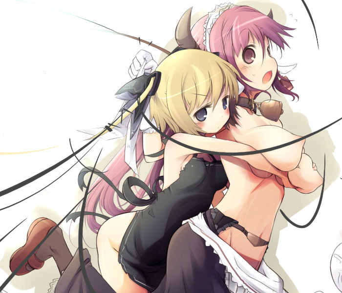 kawahara megumi, original, bad id, bad pixiv id, 2girls, age difference, apron, bell, blonde hair, blue eyes, blush, breasts, collar, grabbing another's breast, groping, height difference, horns, large breasts, loli, long hair, maid, maid apron, multiple girls, naked apron, neck bell, nipples, onee-loli, purple eyes, purple hair, short hair, small breasts, topless female, yuri