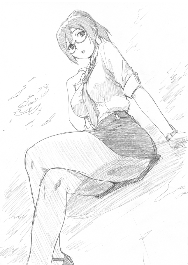 mitarashi kousei, holon, real drive, traditional media, 1girl, female focus, glasses, greyscale, monochrome, necktie, pantyhose, pencil skirt, ponytail, sketch, skirt, sleeves rolled up, solo