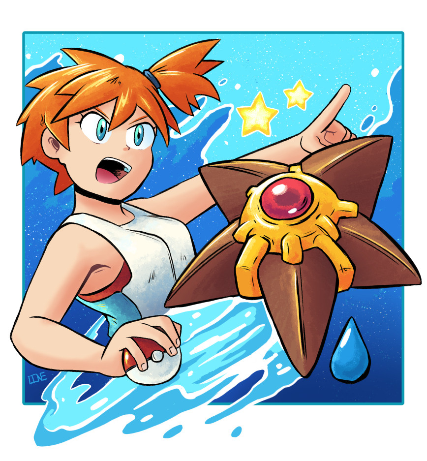 linesonwhite, misty (pokemon), staryu, nintendo, pokemon, pokemon lgpe, 1girl, :d, aqua eyes, bare arms, blue eyes, breasts, eyelashes, gen 1 pokemon, hair between eyes, hair tie, hand up, holding, holding poke ball, index finger raised, one-piece swimsuit, open mouth, orange hair, outstretched arm, pointing, poke ball, poke ball (basic), shirt, short hair, side ponytail, sleeveless, sleeveless shirt, smile, star (symbol), swimsuit, teeth, tongue, upper body, upper teeth only, v-shaped eyebrows, water, water drop, white shirt