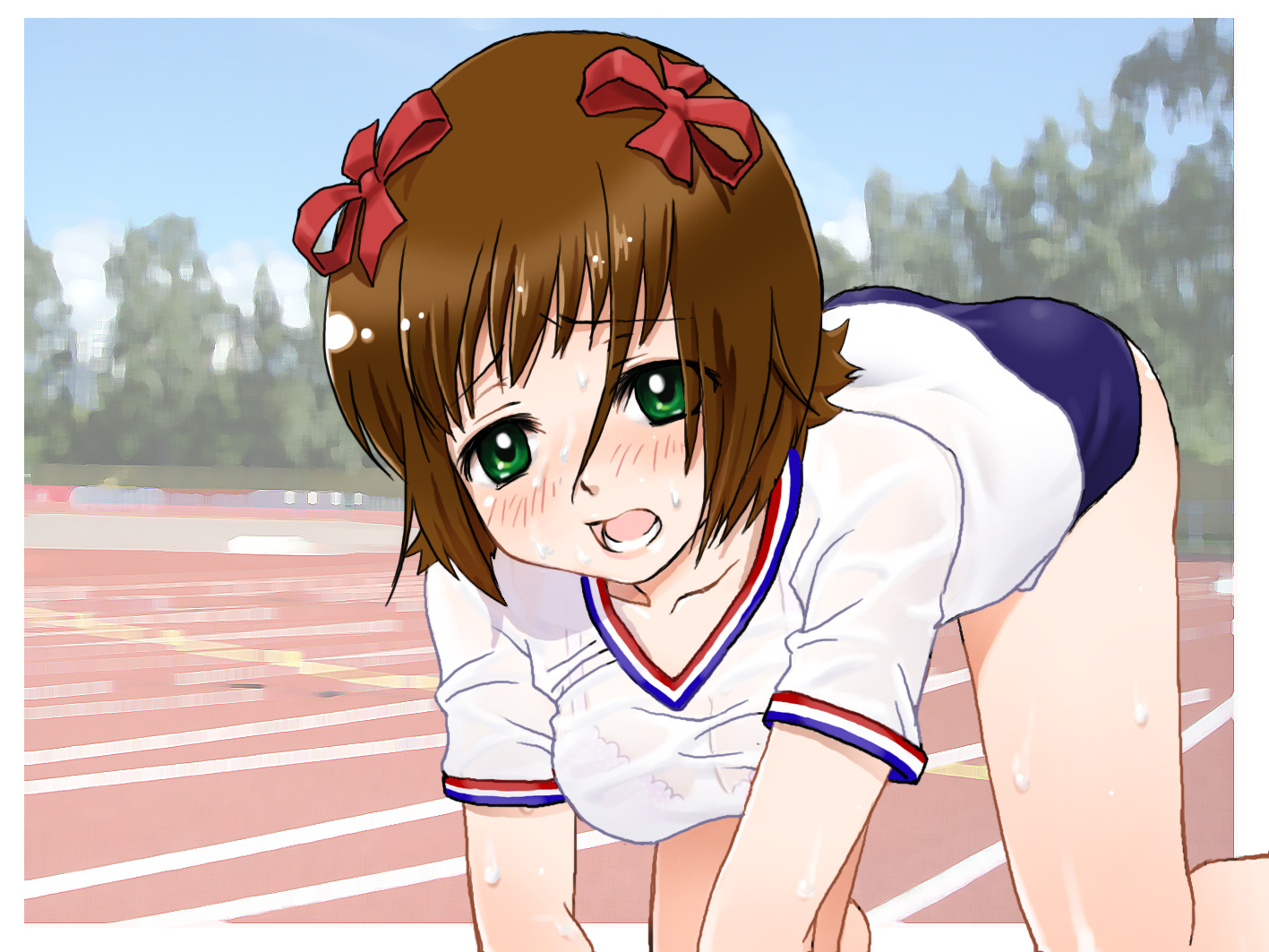 vuipui, amami haruka, idolmaster, idolmaster (classic), idolmaster 1, 00s, bent over, blush, bra, brown hair, green eyes, lingerie, see-through clothes, short hair, solo, sweat, underwear, wet, wet clothes