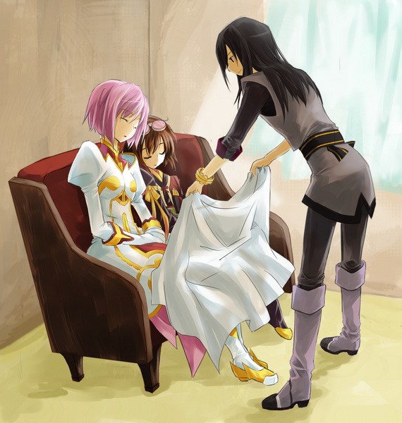 kiri nada, estellise sidos heurassein, rita mordio, yuri lowell, tales of (series), tales of vesperia, resized, 2girls, black hair, blanket, boots, bracelet, brown hair, closed eyes, coat, couch, dress, goggles, goggles on head, indoors, jewelry, long hair, multiple girls, pants, pink hair, pixiv thumbnail, short hair, sleeping