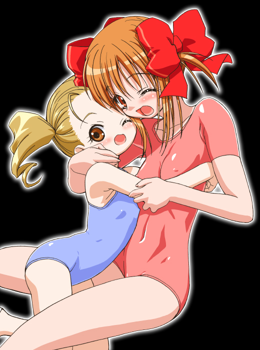gambler club, hinamori ami, yuiki yaya, shugo chara!, 2girls, age difference, blonde hair, blue leotard, bow, child, covered erect nipples, flat chest, hair bow, hug, leotard, multiple girls, one eye closed, open mouth, orange eyes, orange hair, size difference, skin tight, twintails, wink