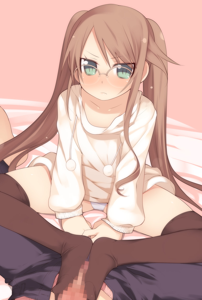 kashiwamochi yomogi, arima senka, original, black legwear, 1girl, angry, blush, censored, feet, footjob, glasses, panties, pantyshot, penis, pov, sitting, solo focus, thighhighs, twintails, underwear, white panties