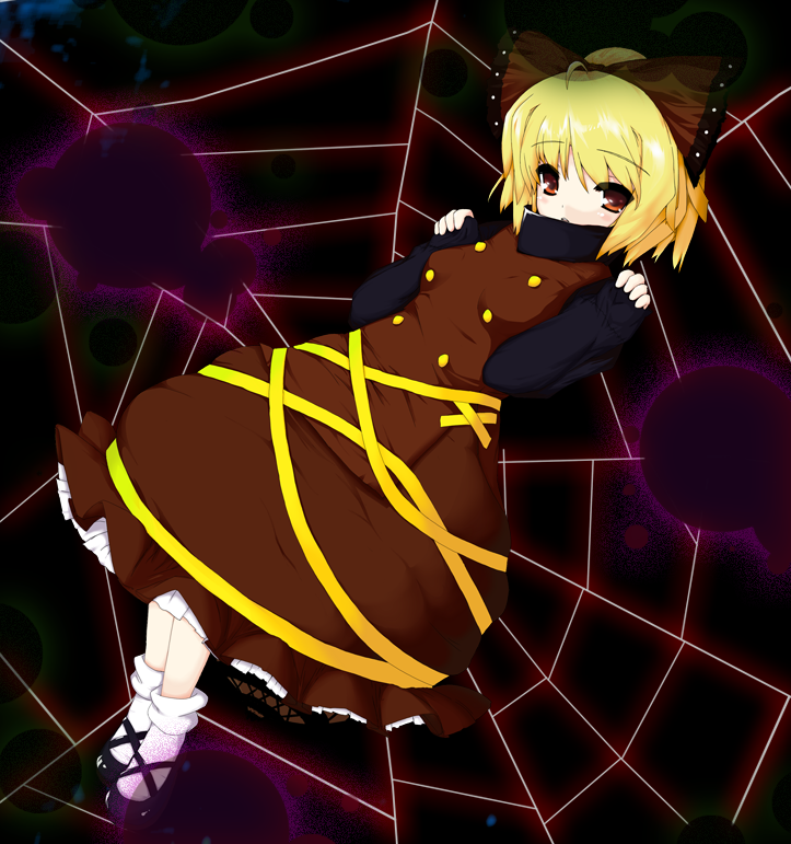 eigetu, kurodani yamame, touhou, bad id, bad pixiv id, 1girl, black background, blonde hair, female focus, full body, net, ribbon, short hair, silk, solo, spider web