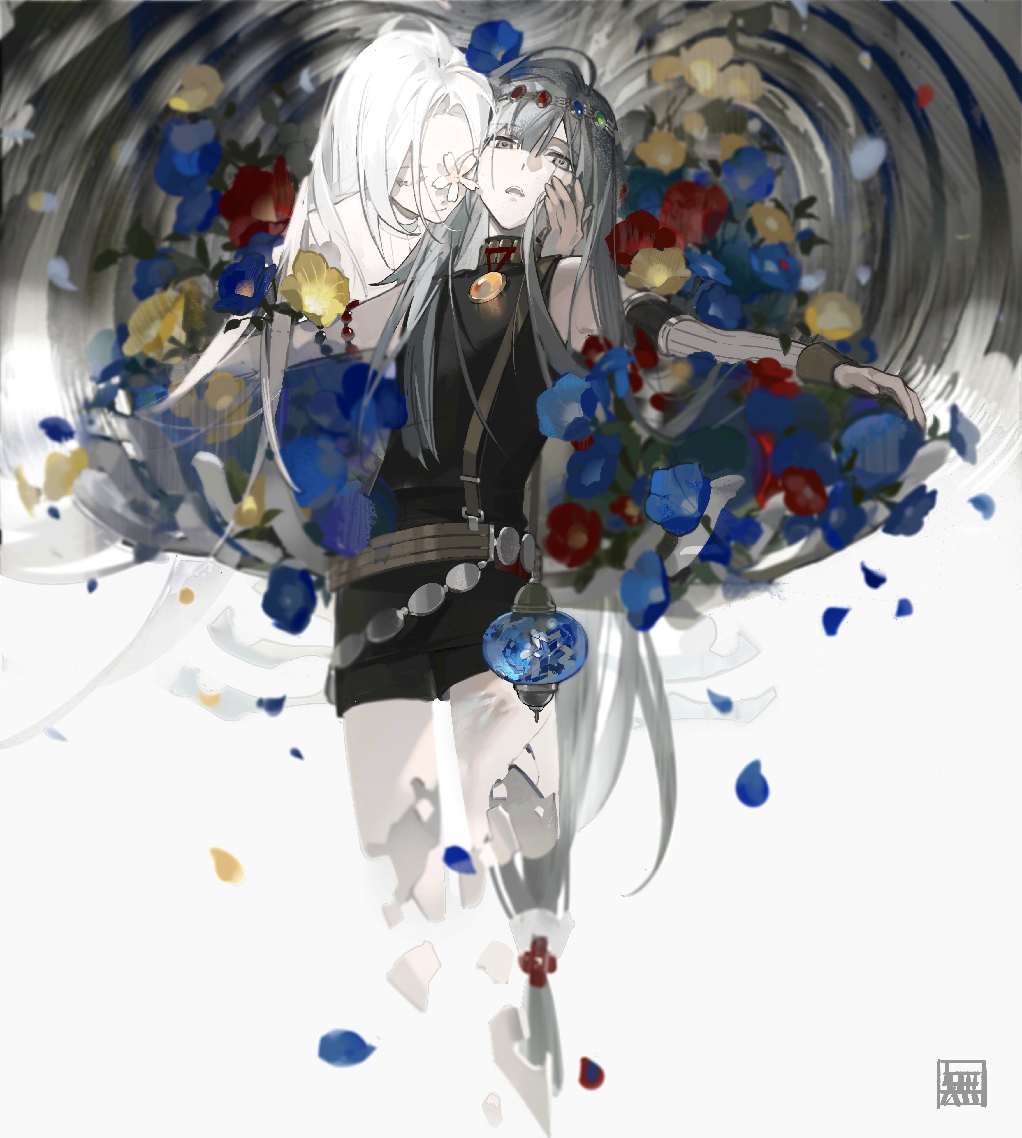tita (titanaaaaa), olympia (olympia soiree), olympia soiree, absurdres, highres, 1boy, 1girl, androgynous, armlet, bare shoulders, belt, black shirt, black shorts, blue flower, blunt bangs, brooch, brown belt, closed eyes, closed mouth, couple, cowboy shot, cracked skin, crumbling, detached sleeves, dress, falling petals, flower, flower over eye, front-to-back, gem, grey eyes, grey hair, hair flower, hair ornament, hand on another's cheek, hand on another's face, head chain, hetero, himuka (olympia soiree), jewelry, lamp, long hair, looking at viewer, low-tied long hair, orange gemstone, outstretched arms, parted bangs, parted lips, petals, pink flower, red flower, ripples, seal impression, shirt, short shorts, shorts, sleeveless, sleeveless shirt, spread arms, suspenders, turtleneck, turtleneck shirt, very long hair, white background, white dress, white hair, yellow flower