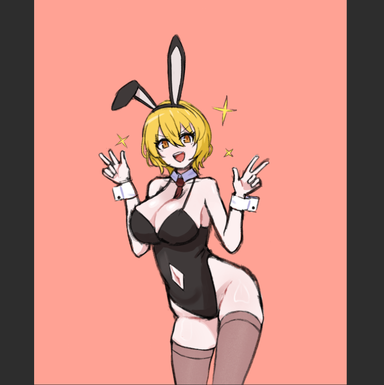 catnip scent, don quixote (project moon), limbus company, project moon, 1girl, :d, alternate costume, animal ear hairband, animal ears, between breasts, black border, black leotard, blonde hair, border, breasts, clothing cutout, detached collar, fake animal ears, grey thighhighs, hairband, large breasts, leotard, looking at viewer, navel cutout, necktie, necktie between breasts, open mouth, orange background, playboy bunny, rabbit ear hairband, rabbit ears, red necktie, short hair, simple background, smile, solo, sparkle, standing, strapless, strapless leotard, thighhighs, upper body, w, white wrist cuffs, wrist cuffs, yellow eyes