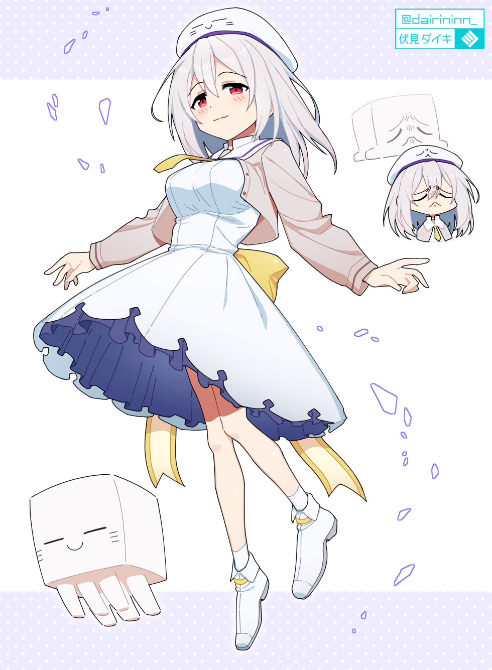 dairininn, ghast, minecraft, commentary request, highres, 1girl, back bow, beret, bow, breasts, brown jacket, closed mouth, creature and personification, cropped jacket, dress, hat, jacket, large breasts, long sleeves, medium hair, multiple views, necktie, open clothes, open jacket, personification, petticoat, red eyes, shoes, socks, white dress, white hair, white hat, white shoes, white socks, yellow bow, yellow necktie