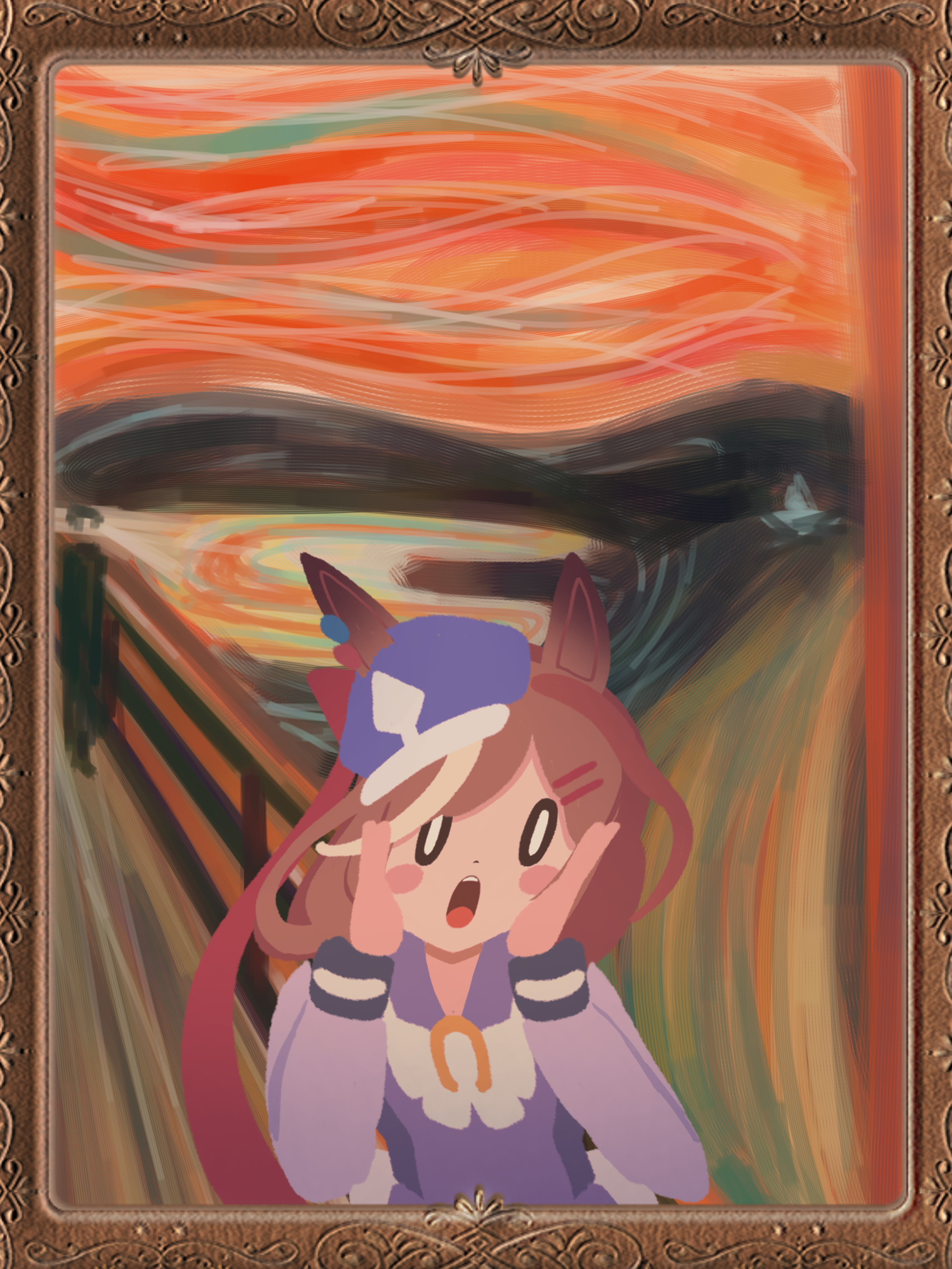 rakugakiraid, matikanetannhauser (umamusume), the scream, umamusume, commentary request, highres, 1girl, abstract background, animal ears, blush, blush stickers, bow, brown hair, ear ornament, ears through headwear, fine art parody, hair ornament, hairclip, hands on own cheeks, hands on own face, hat, horse ears, horse girl, long sleeves, looking at viewer, medium hair, multicolored hair, newsboy cap, open mouth, orange sky, painting (object), parody, picture frame, purple sailor collar, purple shirt, sailor collar, sailor shirt, school uniform, screaming, shirt, sky, streaked hair, tilted headwear, tracen school uniform, white bow