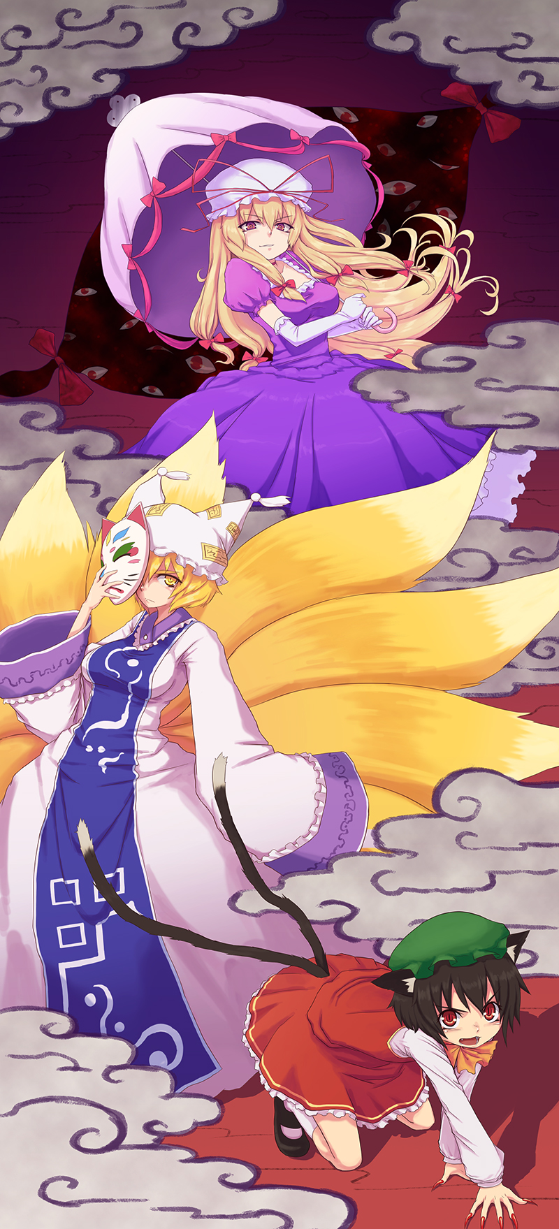 29 (artist), chen, yakumo ran, yakumo yukari, touhou, highres, 3girls, animal ears, animal hat, blonde hair, brown hair, cat ears, cat girl, cat tail, elbow gloves, female focus, fox ears, fox mask, fox tail, gap (touhou), gloves, hat, long hair, long sleeves, mask, mob cap, multiple girls, parasol, puffy short sleeves, puffy sleeves, ribbon, short hair, short sleeves, tail, tassel, umbrella, wide sleeves