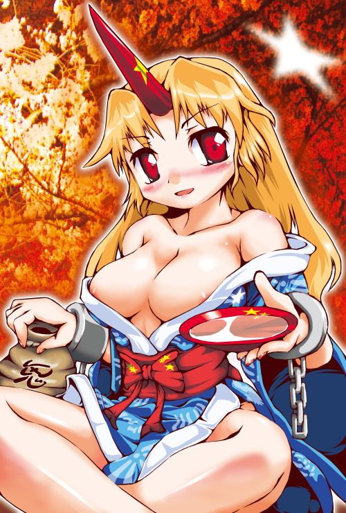 sukiyo, hoshiguma yuugi, hoshiguma yuugi (kimono), touhou, 1girl, blonde hair, breasts, brown background, chain, cup, female focus, horns, japanese clothes, kimono, large breasts, long hair, nipples, ribbon, sakazuki, single horn, solo