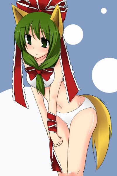 morino harifu, kagiyama hina, touhou, 1girl, animal ears, arm ribbon, bikini, bow, female focus, fox ears, front ponytail, green hair, hair bow, hair ribbon, kemonomimi mode, long hair, ribbon, solo, swimsuit, tail, white bikini
