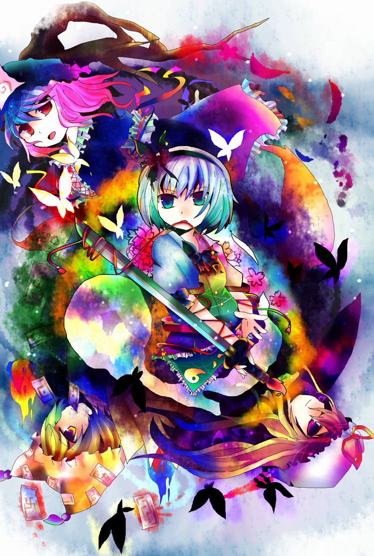 kazu (muchuukai), konpaku youmu, konpaku youmu (ghost), saigyouji yuyuko, yakumo ran, yakumo yukari, touhou, silver hair, bad id, bad pixiv id, 4girls, animal, animal hat, blonde hair, bug, butterfly, colorful, female focus, green skirt, hairband, hat, holding, holding sword, holding weapon, insect, katana, long sleeves, looking at viewer, mob cap, multiple girls, pink eyes, puffy short sleeves, puffy sleeves, shirt, short sleeves, skirt, sword, tassel, triangular headpiece, unsheathed, vest, weapon, white shirt