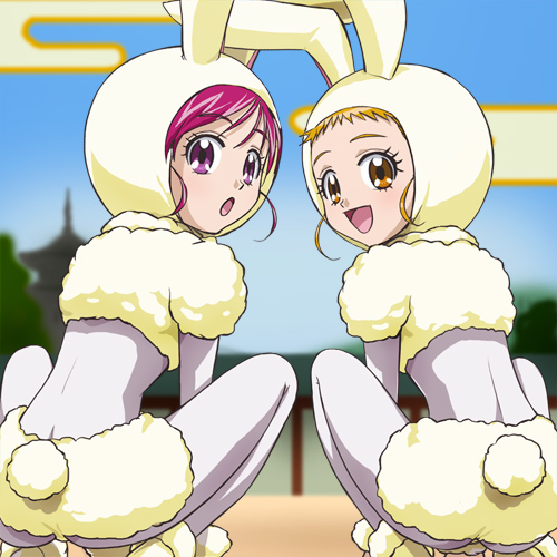 haruyama kazunori, kasugano urara (yes! precure 5), yumehara nozomi, precure, yes! precure 5, lowres, 00s, 2girls, :d, animal ears, back, blonde hair, eyelashes, looking back, multiple girls, open mouth, pink hair, purple eyes, rabbit ears, rabbit tail, smile, squatting, tail, yellow eyes