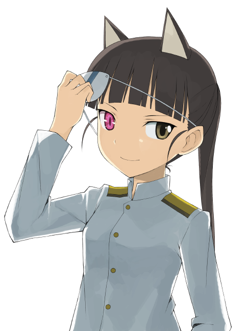 ikura hato, sakamoto mio, strike witches, world witches series, 00s, 1girl, animal ears, black hair, cat ears, eyepatch, eyepatch lift, female focus, heterochromia, military, military uniform, purple eyes, solo