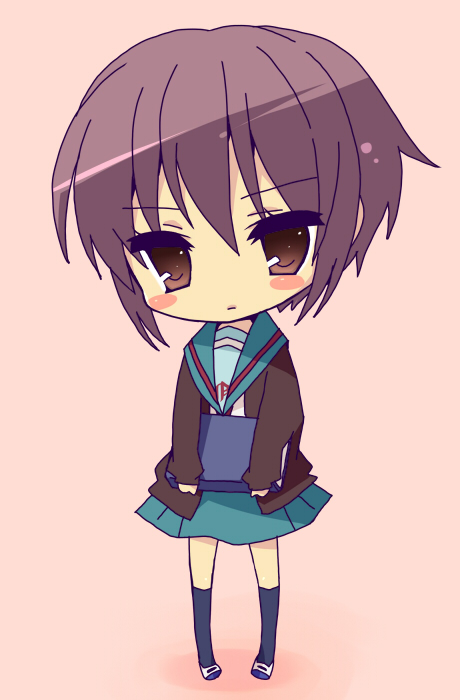 hijiki (hijikini), hijikini, nagato yuki, suzumiya haruhi no yuuutsu, eyebrows, 00s, 1girl, blue skirt, blush, blush stickers, book, cardigan, chibi, female focus, full body, holding, holding book, kneehighs, legs apart, long sleeves, looking at viewer, miniskirt, open cardigan, open clothes, pink background, purple hair, red ribbon, ribbon, school uniform, serafuku, shoes, short hair, simple background, skirt, socks, solo, standing, uwabaki