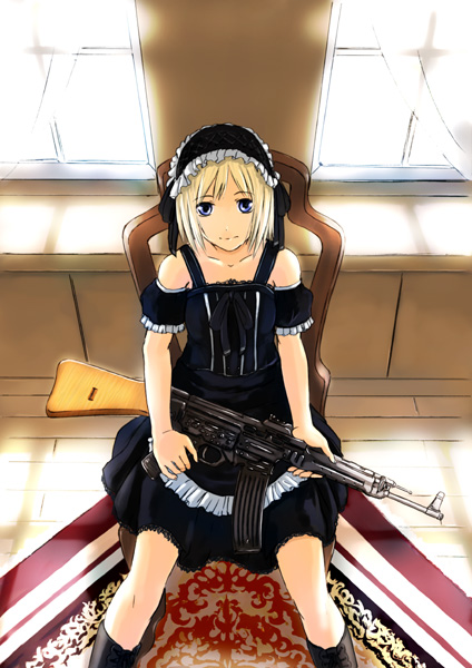 ganzyu i, original, 1girl, assault rifle, blonde hair, blue eyes, chair, dress, female focus, gothic lolita, gun, hairband, indoors, lolita fashion, lolita hairband, rifle, short hair, sitting, solo, stg44, weapon, window
