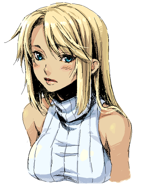 yuuryuu nagare, original, bare shoulders, blonde hair, blue eyes, long hair, sleeveless, sleeveless turtleneck, solo, turtleneck