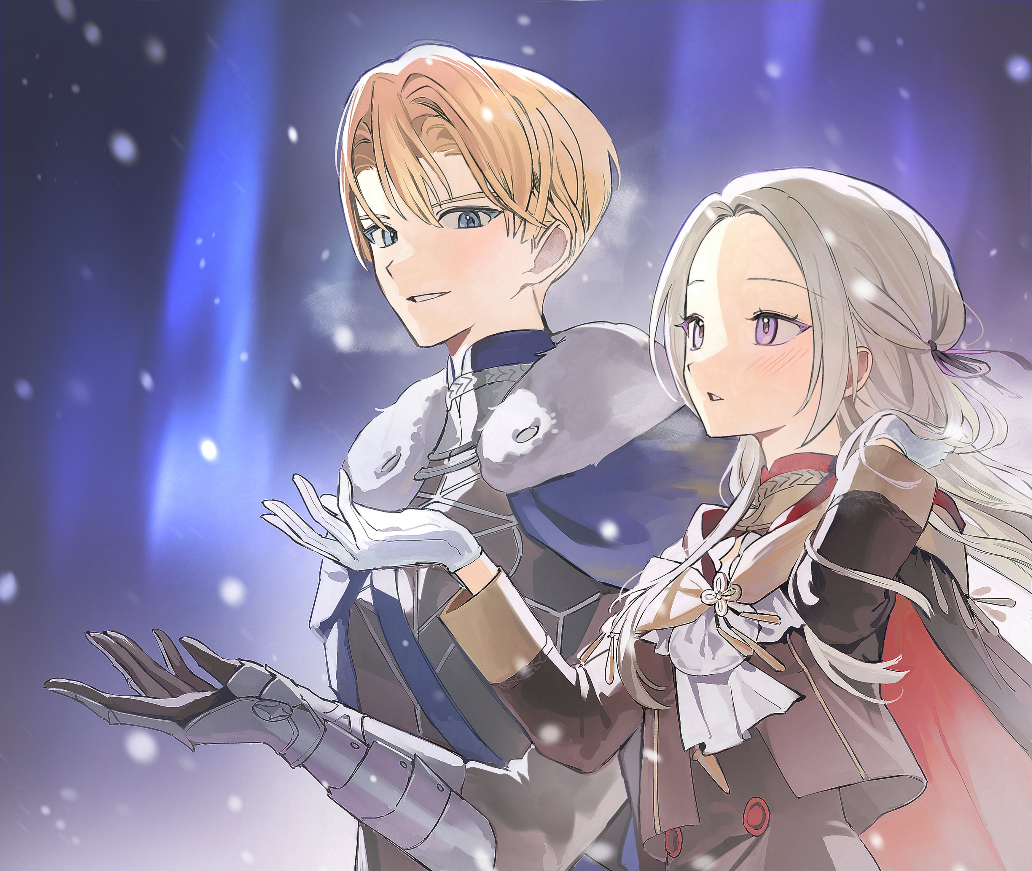 ikaikakka, dimitri alexandre blaiddyd, edelgard von hresvelg, fire emblem, fire emblem: three houses, nintendo, absurdres, commission, highres, second-party source, 1boy, 1girl, arm guards, armor, black gloves, blonde hair, blue capelet, blue eyes, blurry, blurry background, blush, cape, capelet, couple, depth of field, floating hair, fur trim, garreg mach monastery uniform, gloves, hair between eyes, hair floating upwards, hair ribbon, heavy breathing, hetero, long hair, long sleeves, looking down, looking to the side, looking up, official alternate costume, outdoors, parted bangs, parted lips, purple eyes, purple ribbon, red capelet, ribbon, shade, shirt, short hair, snow, snowing, standing, teeth, upper body, white gloves, white shirt