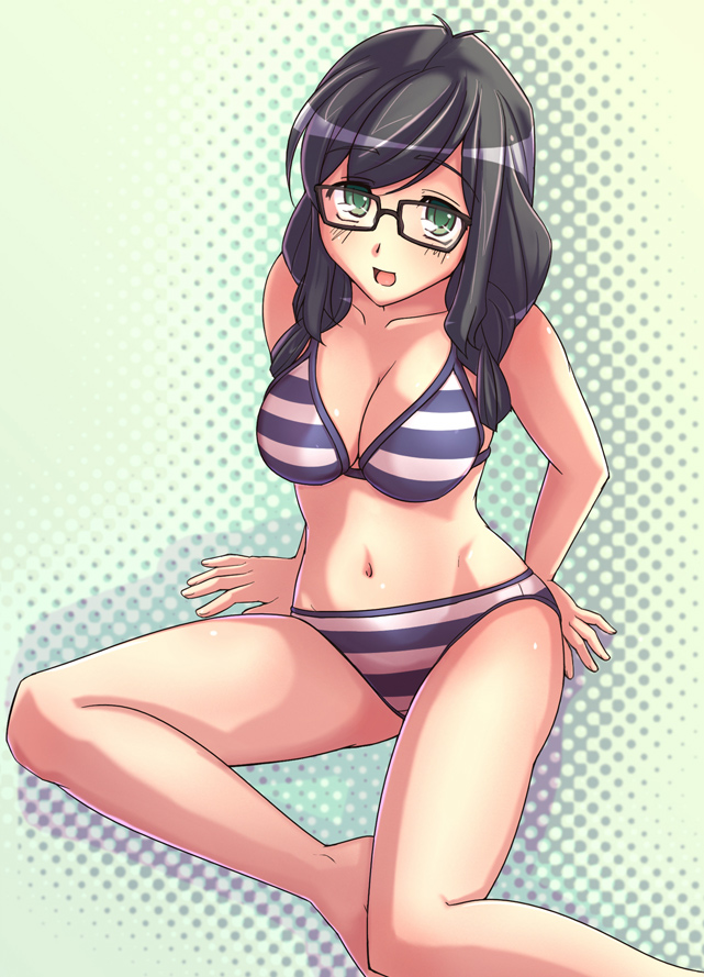 e20, houzumi kaede, original, 1girl, :d, barefoot, bikini, breasts, cleavage, female focus, glasses, green eyes, halftone, halftone background, huge breasts, navel, open mouth, sitting, smile, solo, striped bikini, striped clothes, swimsuit, yokozuwari