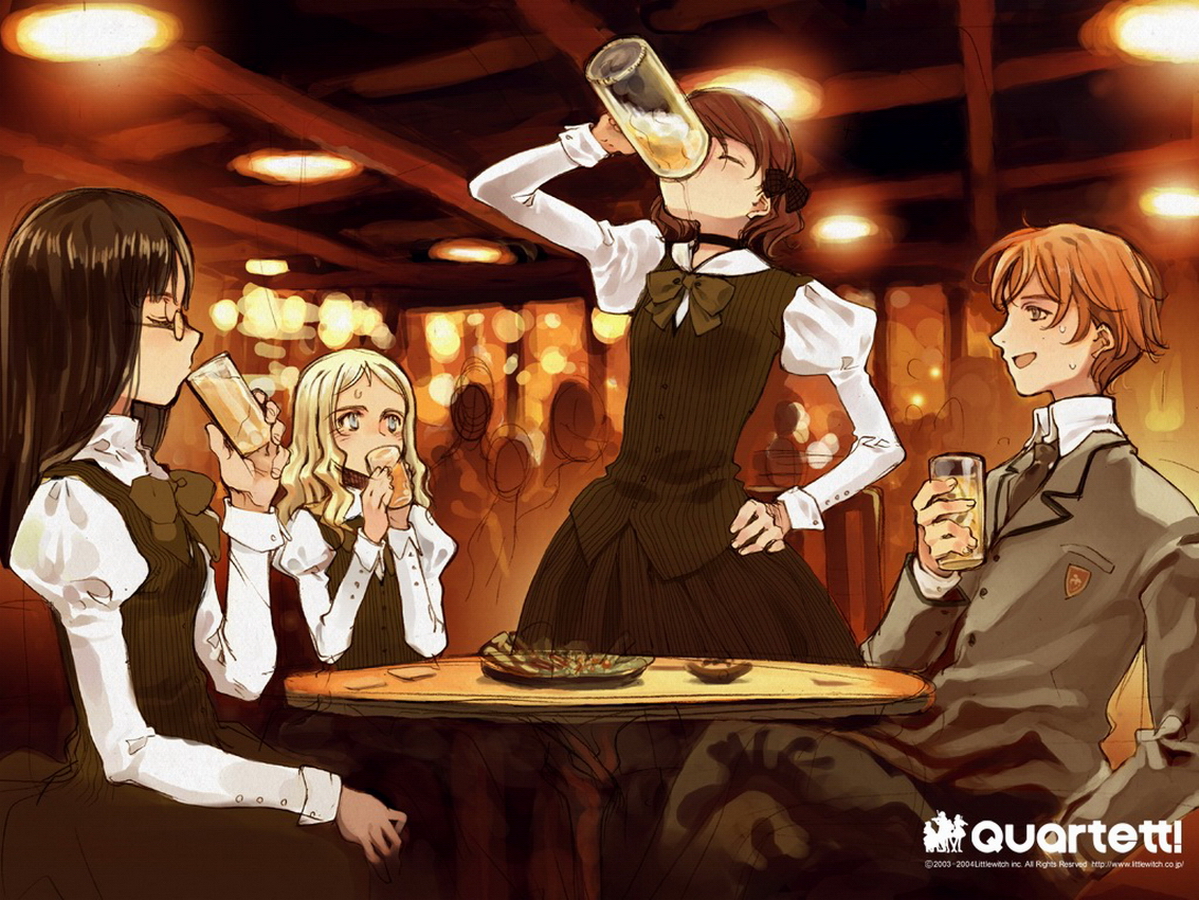 ooyari ashito, charlotte francia, juni argiano, li shuhua, phill junhers, littlewitch, quartett!, plaid, striped, 1boy, 3girls, alcohol, beer, blazer, blonde hair, bow, brown hair, choker, closed eyes, copyright name, crossed legs, cup, drinking, hair bow, hand in pocket, hand on own hip, holding, indoors, jacket, long hair, long sleeves, mug, multiple girls, neck ribbon, necktie, puffy sleeves, restaurant, ribbon, school uniform, shirt, sitting, skirt, skirt set, sweat, table, vertical stripes, very long hair, vest, wavy hair