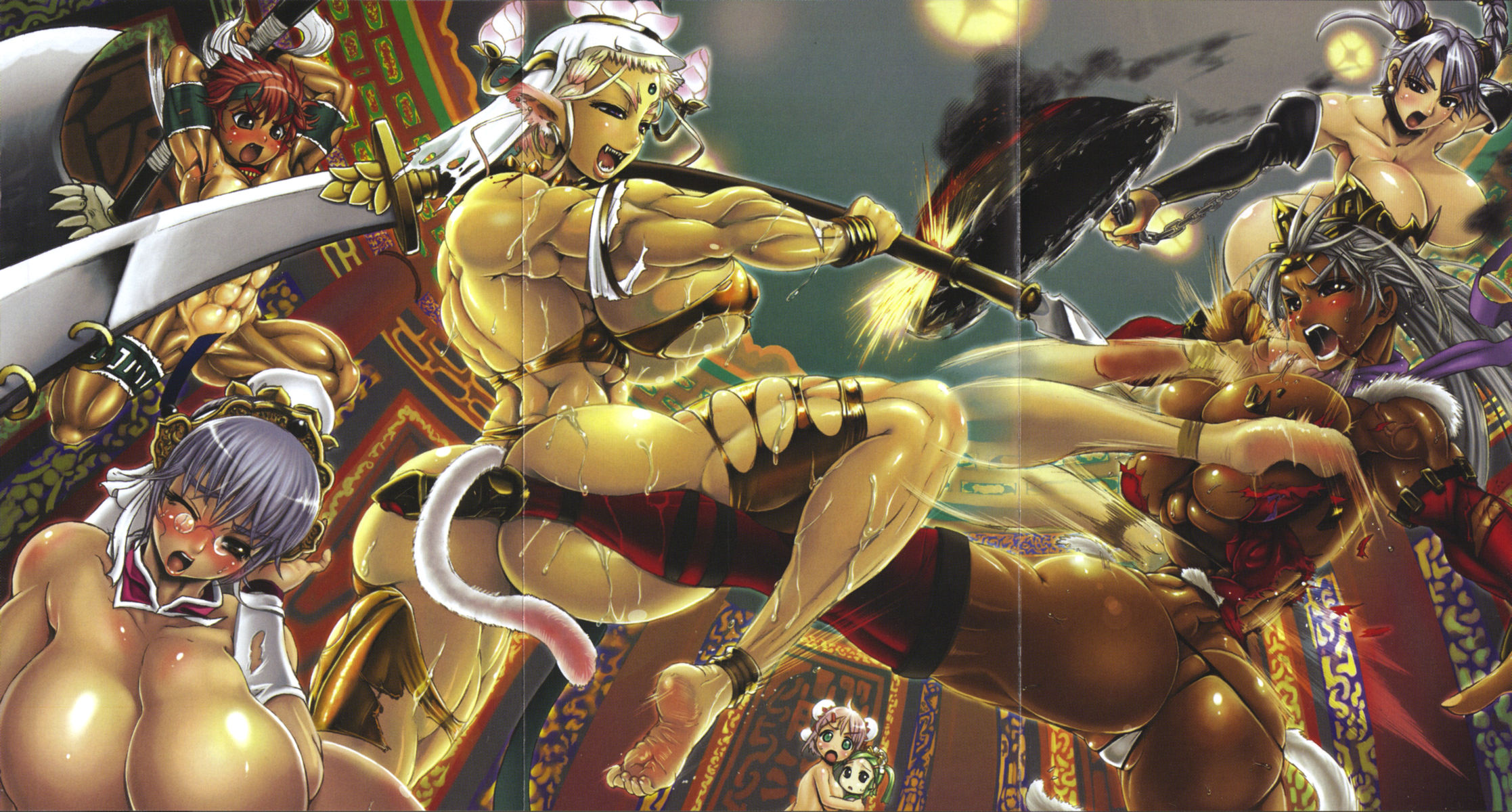 rebis, highres, 5girls, abs, amazon warrior, armor, ass, axe, blush, breasts, covered erect nipples, dark-skinned female, dark skin, earrings, elbow gloves, fang, feet, glasses, gloves, hat, huge ass, huge breasts, jewelry, kicking, long hair, lots of jewelry, mace, multiple girls, muscular, one eye closed, open mouth, orc, panties, pointy ears, polearm, smile, sparkle, sparks, sweat, tan, tanline, thong, torn clothes, underwear, veins, weapon, wink, yo-yo