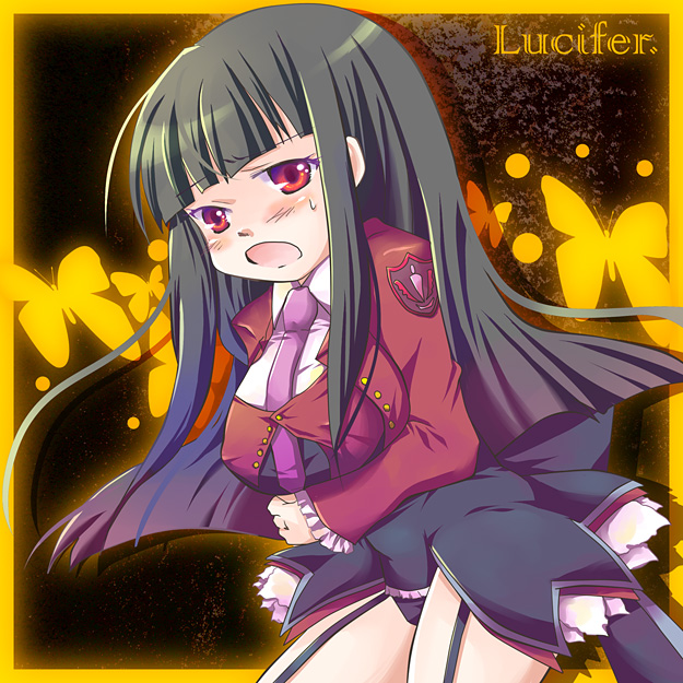 koike amuko, lucifer (umineko), umineko no naku koro ni, bad id, bad pixiv id, 00s, 1girl, black hair, female focus, leotard, long hair, necktie, pink necktie, solo