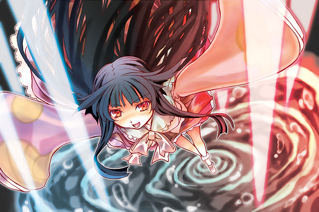 hase nanase, houraisan kaguya, touhou, 1girl, dress, female focus, foreshortening, from above, long hair, long sleeves, looking at viewer, pink dress, red eyes, solo, standing, standing on liquid, very long hair, water